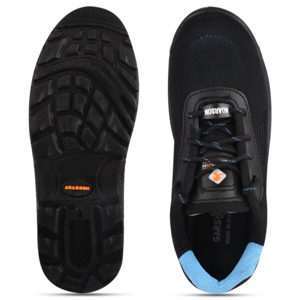 A pair of black and blue athletic Nikko Safety shoe by Agarson Safety Shoe features textured soles and reinforced toes, set against a plain white background. These sleek safety shoes have subtle stitching details and black laces, perfectly blending style with functionality.