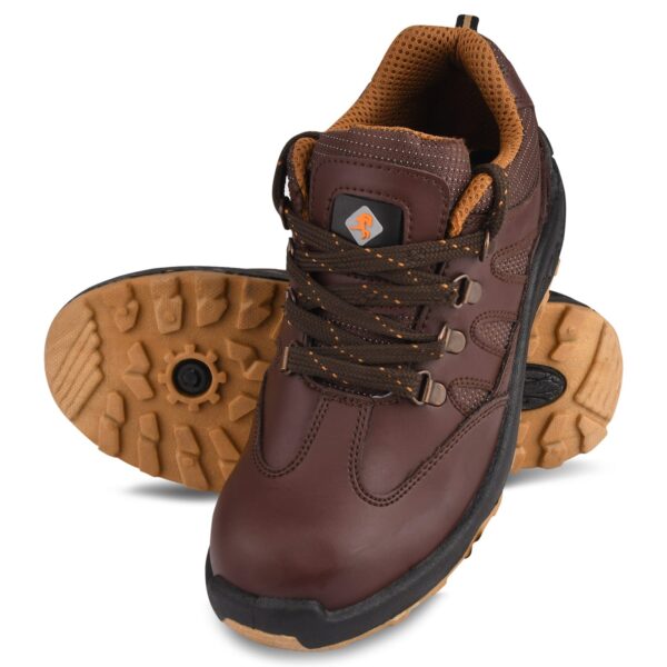 A pair of pacer safety shoe - In brown outdoor hiking shoes with rugged black and tan soles. The shoes have brown laces with metal eyelets and a logo on the tongue. The interior lining appears to be a breathable, mesh material in a lighter brown color, offering the comfort expected from Agarson Safety Shoe.