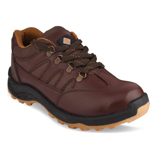 A single shoe of pacer safety shoe - In brown outdoor hiking shoes with rugged black and tan soles. The shoes have brown laces with metal eyelets and a logo on the tongue. The interior lining appears to be a breathable, mesh material in a lighter brown color, offering the comfort expected from Agarson Safety Shoe.