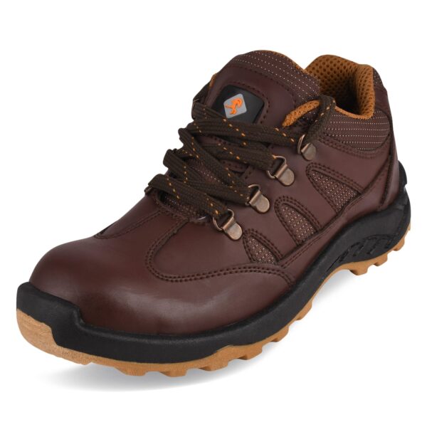 A single shoe of pacer safety shoe - In brown outdoor hiking shoes with rugged black and tan soles. The shoes have brown laces with metal eyelets and a logo on the tongue. The interior lining appears to be a breathable, mesh material in a lighter brown color, offering the comfort expected from Agarson Safety Shoe.