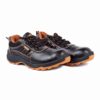 A pair of shoe in black and orange athletic Passion Safety Shoe from Agarson Safety shoe with rugged, non-slip soles. The shoes feature orange stitching and mesh accents, black laces, and a cushioned heel—perfect for outdoor or sports activities.