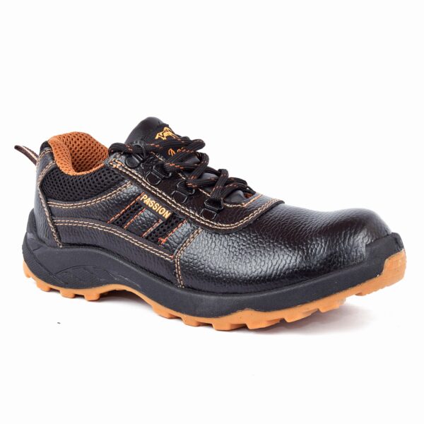 A single shoe in black and orange athletic Passion Safety Shoe from Agarson Safety shoe with rugged, non-slip soles. The shoes feature orange stitching and mesh accents, black laces, and a cushioned heel—perfect for outdoor or sports activities.