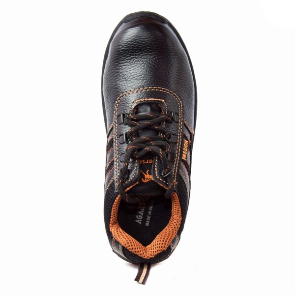 A single shoe in black and orange athletic Passion Safety Shoe from Agarson Safety shoe with rugged, non-slip soles. The shoes feature orange stitching and mesh accents, black laces, and a cushioned heel—perfect for outdoor or sports activities.