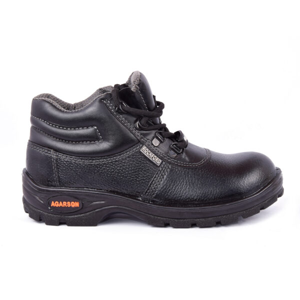 A single image of black leather Agarson Rockford safety shoes with a brown sole. The shoes have laces, a reinforced toe cap, and the Agarson logo on the side.