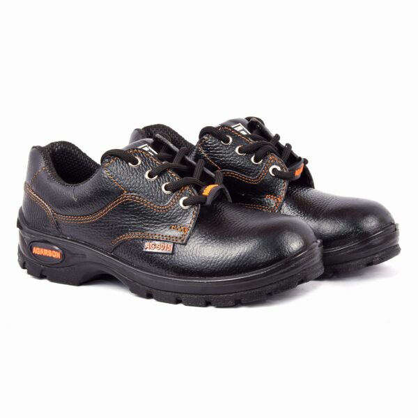 A pair of Sonet safety footwear in black, Work shoes from Agarson safety shoe with sturdy soles, black laces, orange stitching, and branded labels on the side. These safety shoes have a textured leather finish and are designed for heavy-duty use.