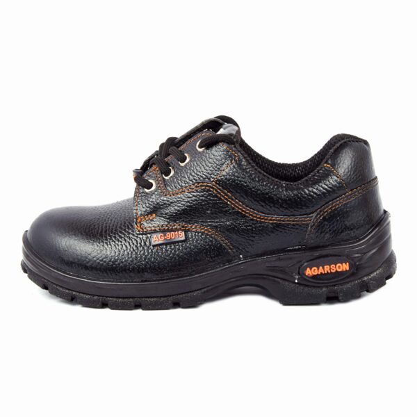 A single shoe of Sonet safety footwear in black, Work shoes from Agarson safety shoe with sturdy soles, black laces, orange stitching, and branded labels on the side. These safety shoes have a textured leather finish and are designed for heavy-duty use.