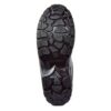 A single shoe of Sonet safety footwear in black, Work shoes from Agarson safety shoe with sturdy soles, black laces, orange stitching, and branded labels on the side. These safety shoes have a textured leather finish and are designed for heavy-duty use.