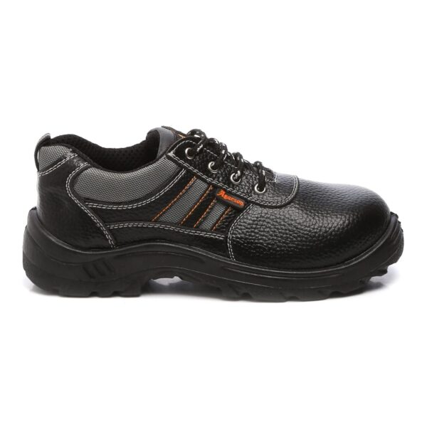 A Single Shoe of Sporty Safety Footwear in black, heavy-duty Agarson safety shoes with orange accents and robust laces. The shoes have a textured leather-like surface, reinforced toe caps, and thick, slip-resistant soles designed for durability and safety in demanding environments.