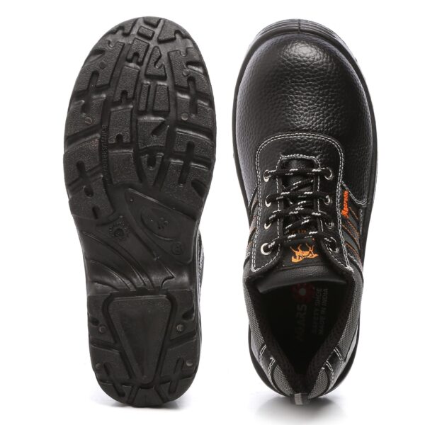 A pair of Sporty Safety Footwear in black, heavy-duty Agarson safety shoes with orange accents and robust laces. The shoes have a textured leather-like surface, reinforced toe caps, and thick, slip-resistant soles designed for durability and safety in demanding environments.