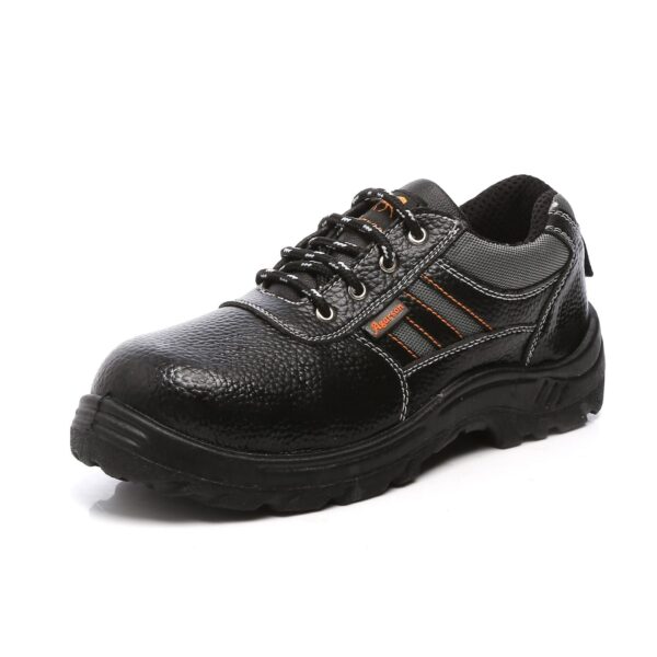 A Single Shoe of Sporty Safety Footwear in black, heavy-duty Agarson safety shoes with orange accents and robust laces. The shoes have a textured leather-like surface, reinforced toe caps, and thick, slip-resistant soles designed for durability and safety in demanding environments.