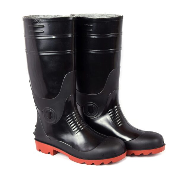 A pair of Supergold gumboot shiny black safetygumboot with red soles. The boots are tall, reaching just below the knee, and have textured treads for better grip. The design features reinforced areas around the ankles and tops for additional support and durability.