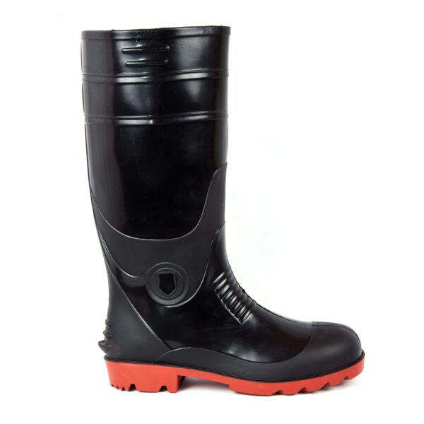 A Single boot of Supergold gumboot shiny black safetygumboot with red soles. The boots are tall, reaching just below the knee, and have textured treads for better grip. The design features reinforced areas around the ankles and tops for additional support and durability.