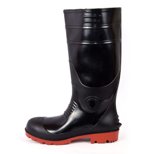 A Single boot of Supergold gumboot shiny black safetygumboot with red soles. The boots are tall, reaching just below the knee, and have textured treads for better grip. The design features reinforced areas around the ankles and tops for additional support and durability.