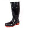 A Single boot of Supergold gumboot shiny black safetygumboot with red soles. The boots are tall, reaching just below the knee, and have textured treads for better grip. The design features reinforced areas around the ankles and tops for additional support and durability.