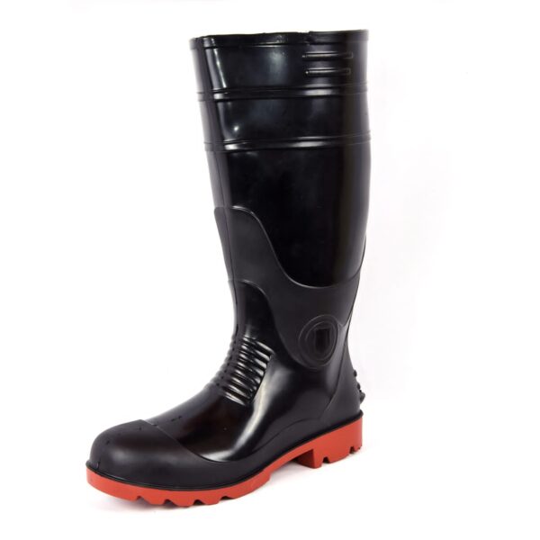 A Single boot of Supergold gumboot shiny black safetygumboot with red soles. The boots are tall, reaching just below the knee, and have textured treads for better grip. The design features reinforced areas around the ankles and tops for additional support and durability.