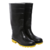 A pair of Supergold gumboot shiny black safetygumboot with yellow soles. The boots are tall, reaching just below the knee, and have textured treads for better grip. The design features reinforced areas around the ankles and tops for additional support and durability.