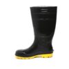 A Single boot of Supergold gumboot shiny black safetygumboot with yellow soles. The boots are tall, reaching just below the knee, and have textured treads for better grip. The design features reinforced areas around the ankles and tops for additional support and durability.