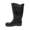 A Single boot of Superme safety gumboot in black color safetygumboot with a textured, ridged design on the sides and front. The boots have a sturdy, thick sole with a tread pattern for grip. The insides appear to be lined with a light gray material. They are standing upright and slightly angled.