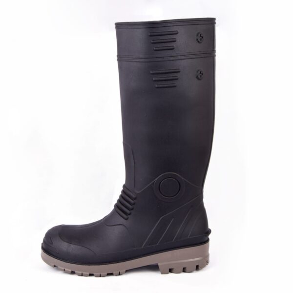 A pair of tall, black rubber boots with sturdy grey soles. The boots feature ridged detailing on the shafts and across the insteps, along with circular and textured patterns. These safetygumboots appear designed for heavy-duty or outdoor use.