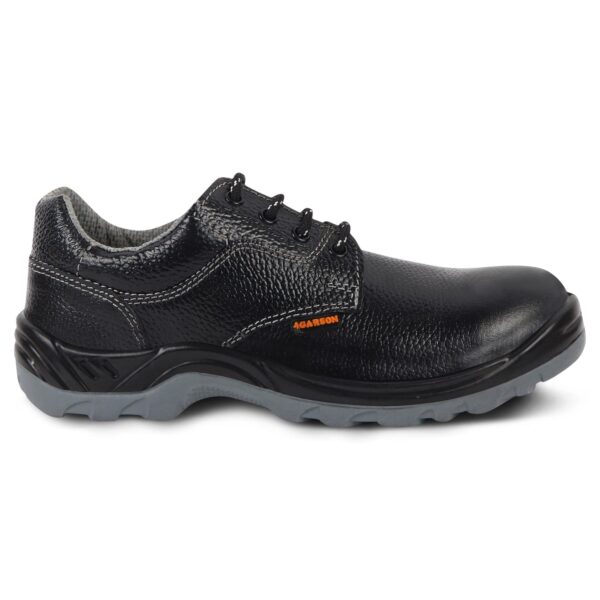 A pair of black leather Agarson safety shoes with a textured finish and lace-up design. The shoes have reinforced toe caps and sturdy, non-slip grey soles, providing durable protection. The padded lining offers enhanced comfort for long hours of wear.