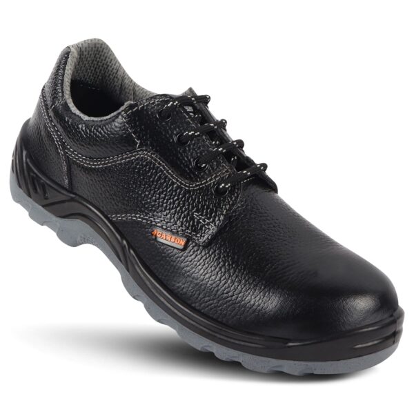 A pair of Thunder safety shoe in black steel-toe safetyshoes with lace-up closures and gray cushioned soles. The shoes feature a rugged design with reinforced toe caps and textured leather uppers, embodying the durability synonymous with Agarson Safety Shoe.