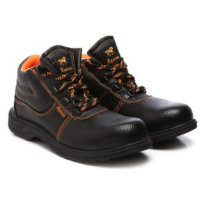 A pair of black Agarson crusher safety shoe with orange interior lining and accents on the laces and stitching. The shoes have a textured surface and thick soles, designed for durability and protection.