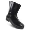 A single mercury safety gumboot of shiny black rain boots with textured soles, standing side by side on a white background. The boots have a mid-calf height and round toes, featuring slight decorative ridges on the front.