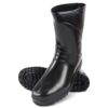 A pair of shiny black rain boots with textured soles, standing side by side on a white background. The boots have a mid-calf height and round toes, featuring slight decorative ridges on the front.