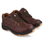 A pair of pacer safety shoe - In brown outdoor hiking shoes with rugged black and tan soles. The shoes have brown laces with metal eyelets and a logo on the tongue. The interior lining appears to be a breathable, mesh material in a lighter brown color, offering the comfort expected from Agarson Safety Shoe.