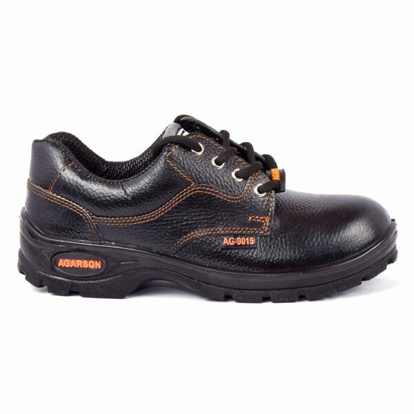 A single shoe of Sonet safety footwear in black, Work shoes from Agarson safety shoe with sturdy soles, black laces, orange stitching, and branded labels on the side. These safety shoes have a textured leather finish and are designed for heavy-duty use.