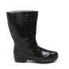 A pair of shiny black safetyshoeboots with ridged detailing around the upper part and textured soles for better grip. The boots are standing upright on a white background, designed for protection against wet conditions. Agarson safety gumboot 'virat'