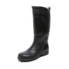 A Single boot of Superme safety gumboot in black color safetygumboot with a textured, ridged design on the sides and front. The boots have a sturdy, thick sole with a tread pattern for grip. The insides appear to be lined with a light gray material. They are standing upright and slightly angled.