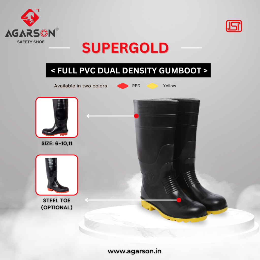 Discover the Supergold full PVC dual density image by Agarson, featuring striking black design with red and yellow soles. Available in sizes 6, 10, and 11, these agarson gumboot offer an optional steel toe for enhanced protection. Visit www.agarson.in to explore your perfect safety gumboot today!