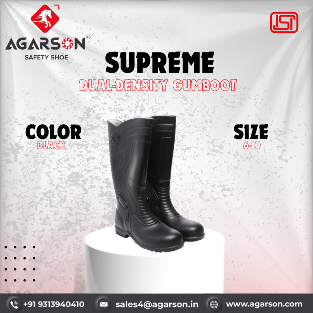 Agarson Supreme Dual-Density Social media post in black, size 6-10. The gumboot has a textured sole and a ribbed upper. The image includes the Agarson Safety Shoe logo, contact information, and the ISI certification mark.