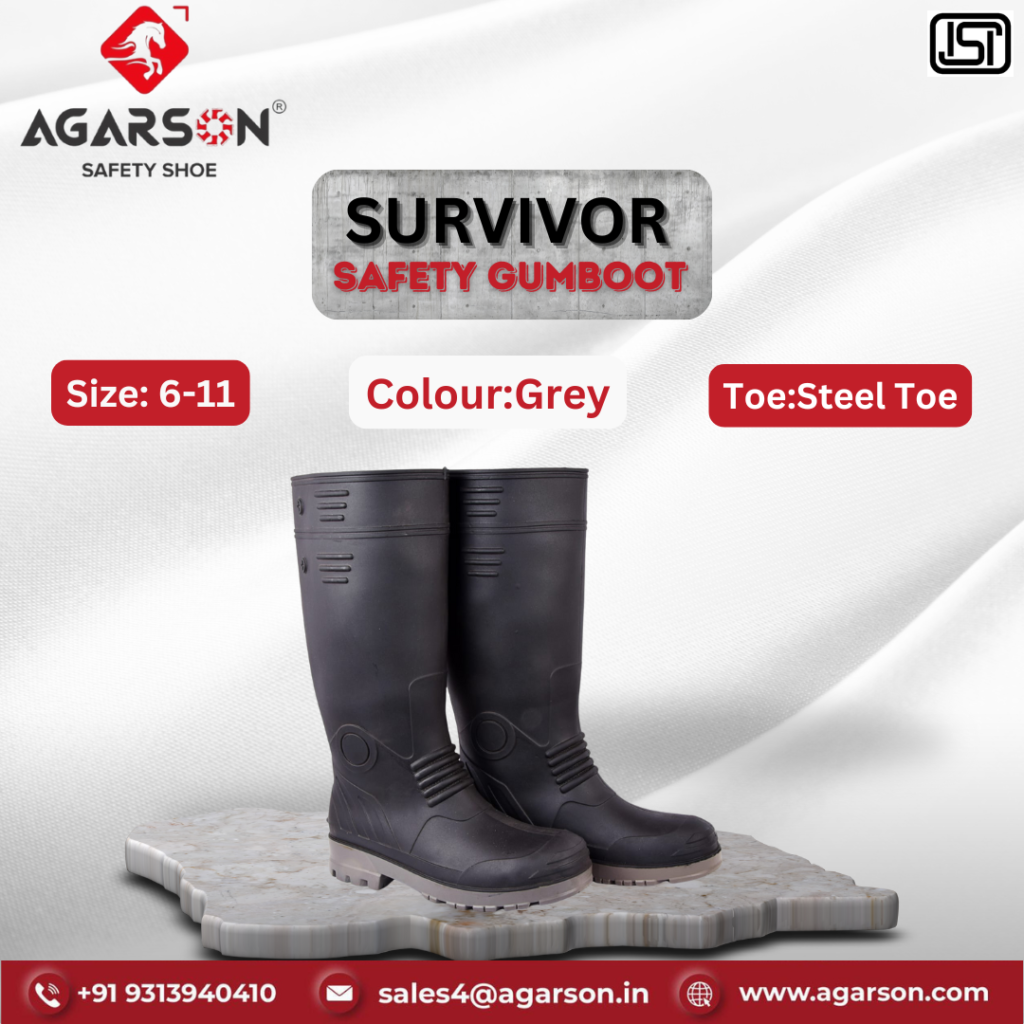 Agarson Survivor social media post in grey, size 6-11. The gumboot has a steel toe, textured sole, and ribbed upper. The image includes the Agarson Safety Shoe logo, contact information, and the ISI certification mark.