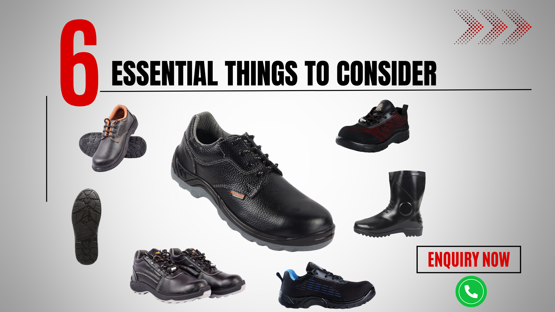 A promotional image showcasing seven distinct styles of Agarson safety footwear, featuring the text "6 Essential Things to Consider" and a call-to-action button labeled "Enquiry Now" on a sleek gray background.