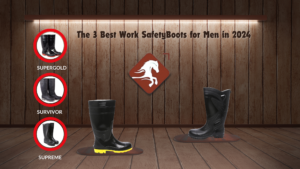 Three Agarson safety boots displayed on a wooden background: Supergold, Survivor, and Supreme. The image includes the title "The 3 Best Work Safety Boots for Men in 2024.