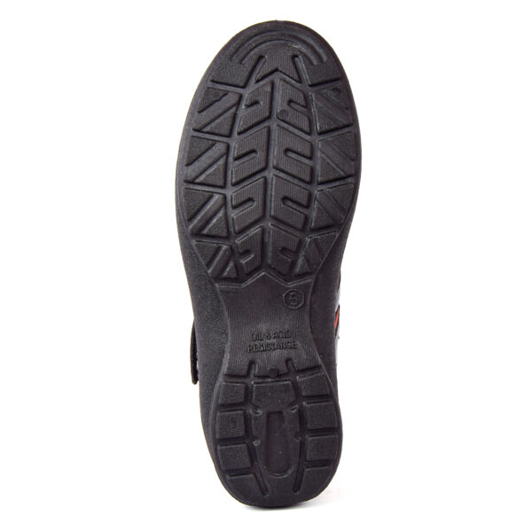 A single black sole shoe with red accents, featuring sturdy soles and a hook-and-loop strap closure, perfect as safety shoes for women seeking both style and protection.