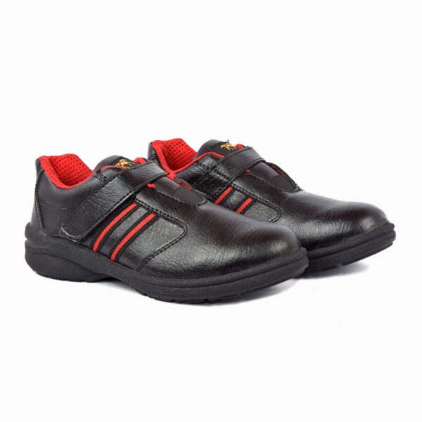 A pair of black leather shoes with red accents, featuring sturdy soles and a hook-and-loop strap closure, perfect as safety shoes for women seeking both style and protection.