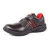 A single black leather shoes with red accents, featuring sturdy soles and a hook-and-loop strap closure, perfect as safety shoes for women seeking both style and protection.